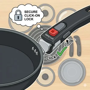 Close-up technical illustration of the secure locking system on a detachable handle pan set for safe cooking.