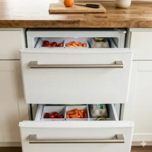 Two-drawer refrigerated storage unit serving as a functional tiny house fridge in a minimalist kitchen.