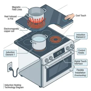 A comparative infographic showing the energy efficiency of induction freestanding ranges.