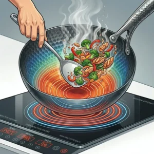 Illustration 2: A chef using an induction range wok to stir-fry vegetables with high-heat precision.