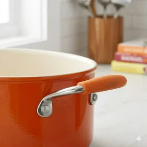 An illustration of a complete 11-piece Rachael Ray orange pot and pan set collection arranged on a kitchen counter.