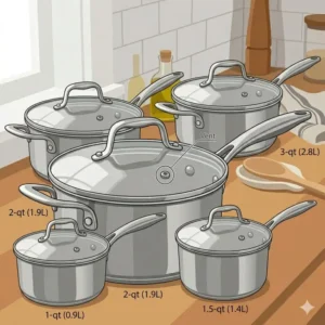 A graduated set of stainless steel sauce pans with lids ranging from 1-quart to 3-quart capacities.