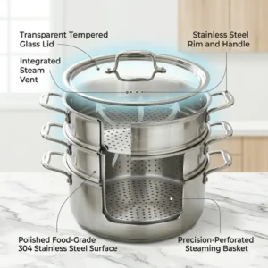 Close-up illustration focusing on the high-quality food-grade 304 material of the stainless steel steaming pot.