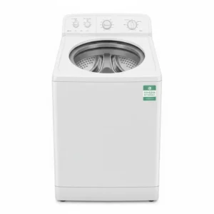 A classic white top-load refurbished washer with an open lid.