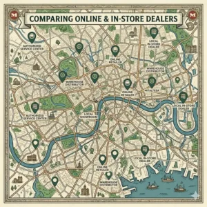 A comparison graphic highlighting the benefits of buying a Miele dishwasher from online retailers versus local brick-and-mortar stores when deciding where to buy.