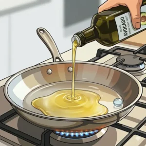 Illustration 3: Adding cooking oil to the surface as part of the process of how to use stainless steel pan without sticking.