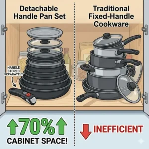 Demonstration of how a detachable handle pan set fits perfectly in small cabinets compared to bulky traditional cookware.