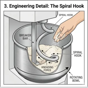 Detailed view of the precision spiral hook and bowl engineering found in the best spiral mixer brands.