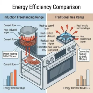 Illustration of a hand touching a cool induction freestanding surface to demonstrate safety.