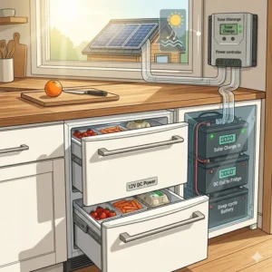 A highly efficient 12V DC tiny house fridge powered by a complete solar energy system.