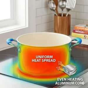 A technical graphic illustration demonstrating the uniform heat distribution across the base of a Rachael Ray orange pot.