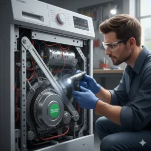 A professional technician performing a refurbished washer maintenance check.