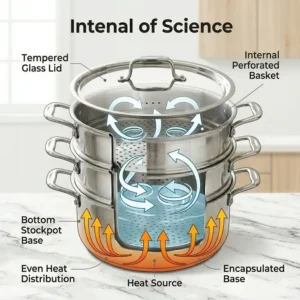 Conceptual illustration demonstrating even steam and heat circulation within a stainless steel steaming pot.