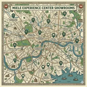 Illustration of a modern Miele Experience Center showroom where customers can test dishwasher features before deciding where to buy.