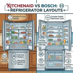 Interior storage and layout comparison of kitchenaid vs bosch French door refrigerators.