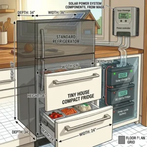 A detailed diagram showing the dimensions of a standard refrigerator versus a compact tiny house fridge.