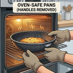 A versatile detachable handle pan set being used in the oven by easily removing the heat-sensitive handle.