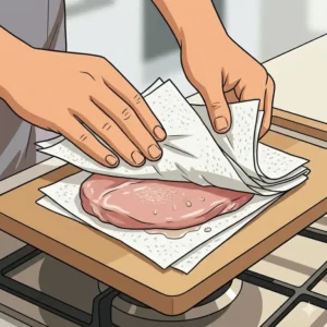 Illustration 4: Patting meat dry with a paper towel, a crucial tip on how to use stainless steel pan without sticking.