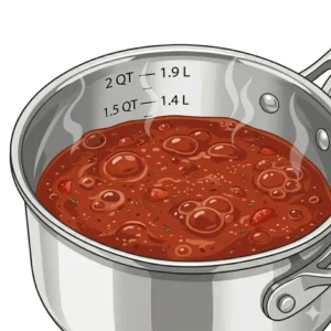 Tomato sauce simmering in a heavy-duty stainless steel sauce pan with the lid slightly offset for steam.