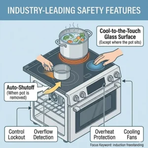 Close-up illustration of the digital touch control panel on an induction freestanding range.