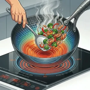 Illustration 4: A premium multi-ply stainless steel induction range wok with a glass lid and ergonomic handle.