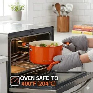 An illustration showing a hand placing a Rachael Ray orange pot into a hot oven to demonstrate its oven-safe capabilities.