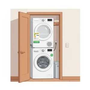 A space-saving stackable refurbished washer and dryer set in a closet.