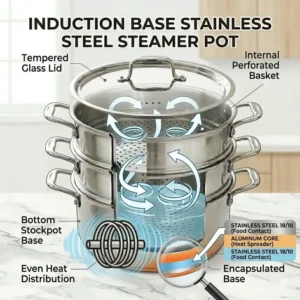 Illustration showing the magnetic base, indicating this stainless steel steaming pot is induction cooktop compatible.