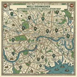 An icon-based illustration showing professional installation services offered by authorized Miele dishwasher sellers, helping you choose where to buy.