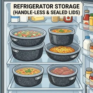 Using a detachable handle pan set for leftovers by attaching airtight lids and storing them directly in the fridge.