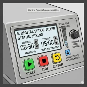 Close-up of the advanced digital control panel and timer settings featured on the best spiral mixer brands.
