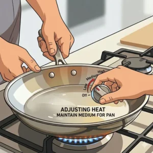Illustration 5: Adjusting the burner to medium heat to master how to use stainless steel pan without sticking.