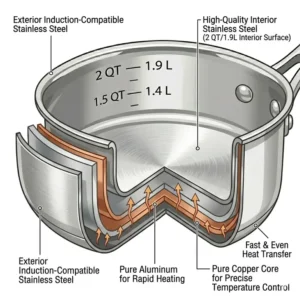 Illustration showing the multi-layer encapsulated base of a stainless steel sauce pan for even heat distribution.