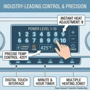 Technical drawing showing the standard width and depth for an induction freestanding unit.