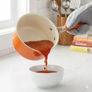 A close-up illustration highlighting the convenient pouring spout and handle detail of a small Rachael Ray orange pot saucepan.