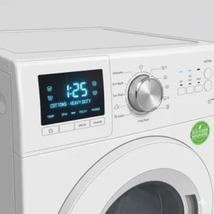Close-up of the modern digital control panel on a refurbished washer.
