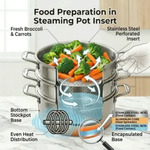 An illustration depicting a multi-tier stainless steel steaming pot being used to cook fresh vegetables.