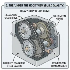Internal look at the heavy-duty chain drive mechanism that defines the best spiral mixer brands.