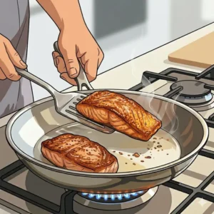 Illustration 6: Waiting for the food to naturally release from the surface when learning how to use stainless steel pan without sticking.