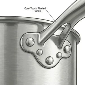Close-up of the securely riveted cool-touch handle on a premium stainless steel sauce pan.
