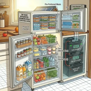 Interior view of an organized tiny house fridge using clear bins to maximize storage capacity.