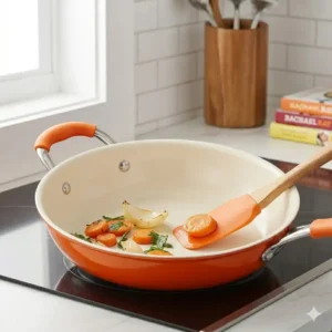 An illustration of the cream-colored nonstick interior surface of a Rachael Ray orange pot showing easy food release.