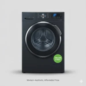 A sleek and modern stainless steel refurbished washer in a minimalist home.