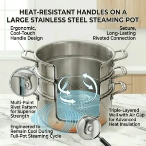 Detail illustration highlighting the ergonomic and heat-resistant handles of a stainless steel steaming pot.