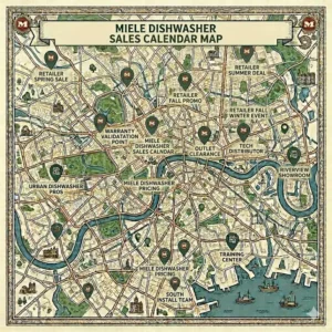 A calendar illustration showing peak sales periods and the best times to find deals when looking for where to buy Miele dishwashers.