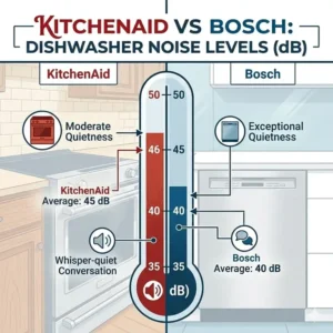 Infographic showing the dishwasher decibel noise levels of kitchenaid vs bosch.