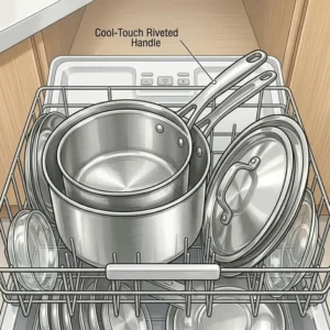 Clean stainless steel sauce pans with lids stacked neatly in a kitchen cabinet.