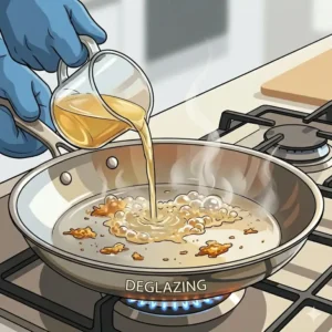 Illustration 7: Deglazing the pan after cooking to maintain the surface and know how to use stainless steel pan without sticking for next time.