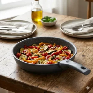 Elegant tableside presentation using a detachable handle pan set with the handle removed for a clean serving look.