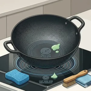 Illustration 7: Illustration of the proper way to clean and maintain a non-stick induction range wok after use.